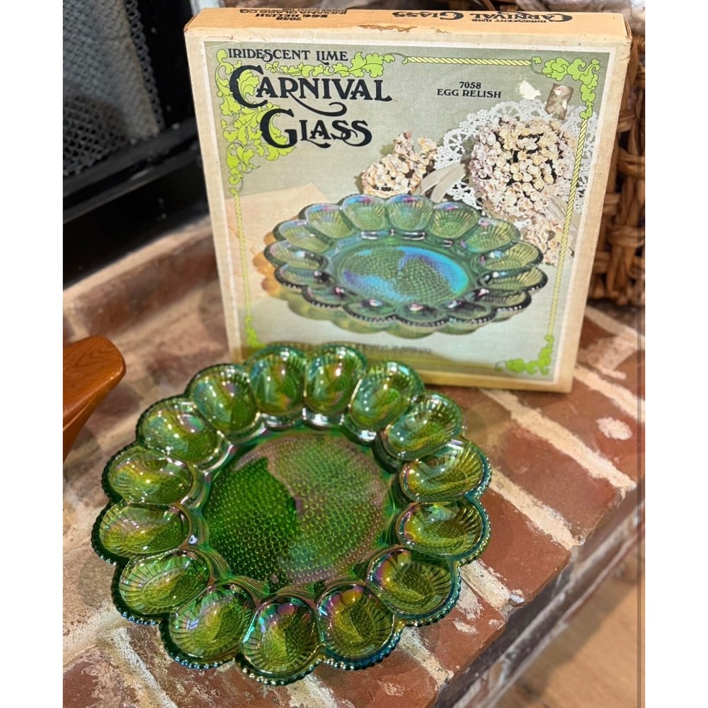 Vintage Indiana Glass Iridescent Lime Carnival Glass Egg Relish Tray 7058 Boxed